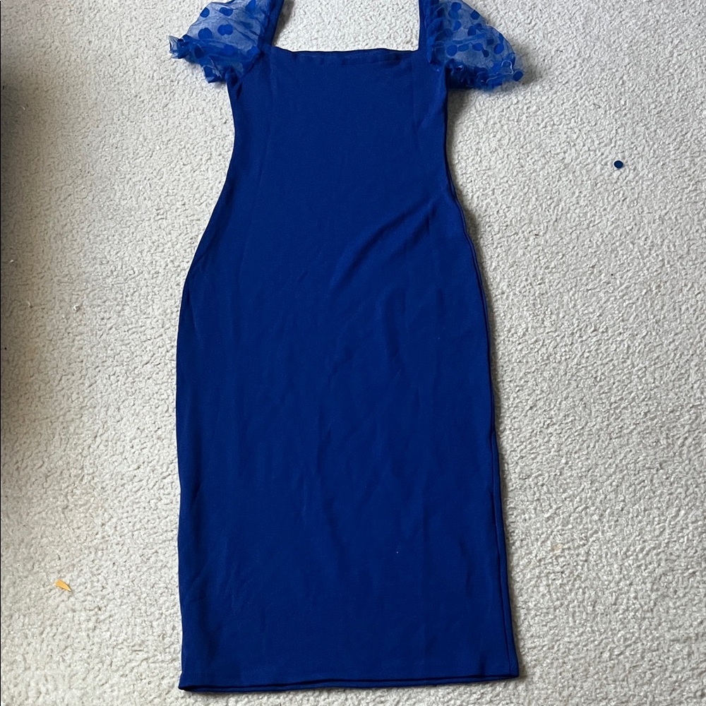 Elegant Blue Dress with Sheer Sleeves